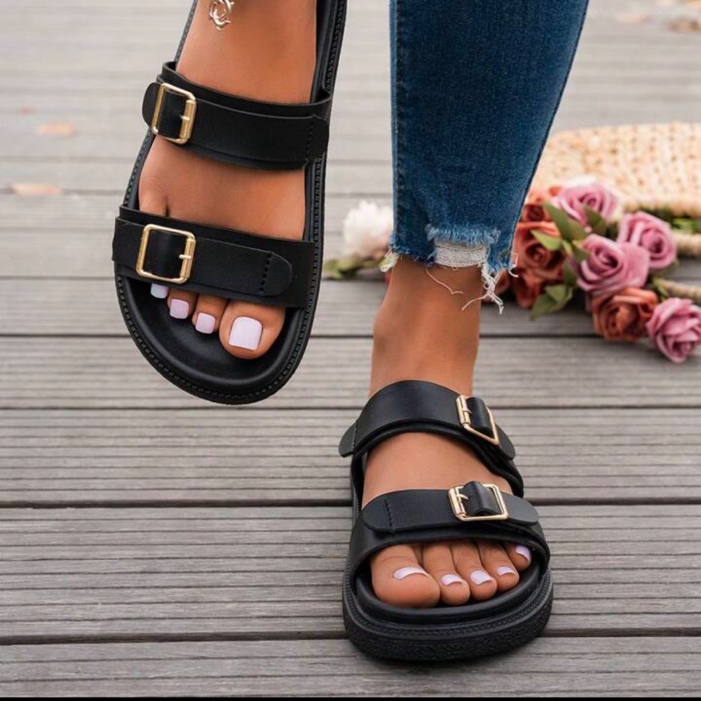 Classic Black Double-Buckle Women’s Sandals